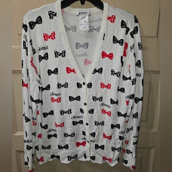 Disney Parks Minnie Mouse White Black Red Bow V-Neck Long Sleeve Cardigan - Picture 1 of 7